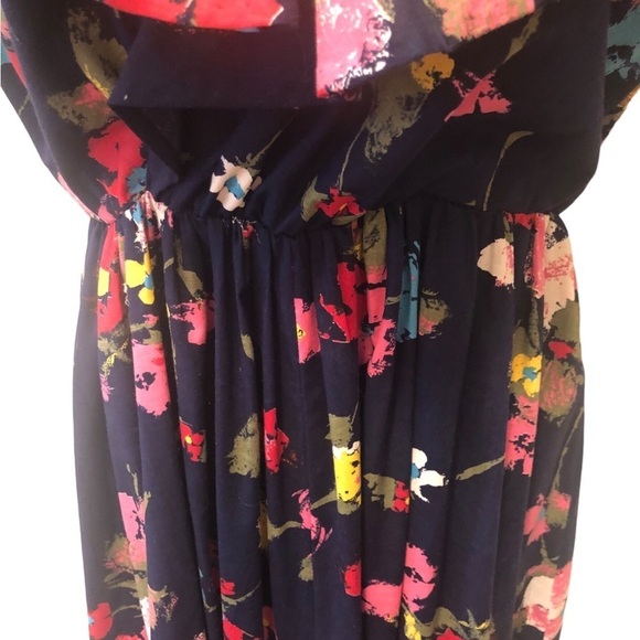VTG 80’s Deep V Navy Floral Maxi Dress 12/14 Flowy Sleeve Collar Elastic Waist - Picture 7 of 8